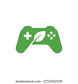 Controlador de juego verde con un icono de hoja, que representa juegos respetuosos con la naturaleza y entretenimiento sostenible para jugadores conscientes.