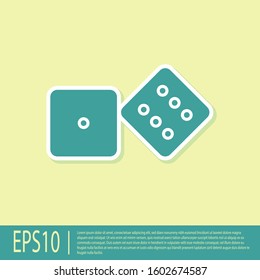 Green Game dice icon isolated on yellow background. Casino gambling.  Vector Illustration