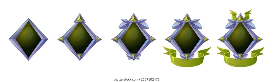 Green game level badges set isolated on white background. Vector cartoon illustration of rhombus stone in precious metal frame decorated with emerald crystals and leaves, gaming progress award medal