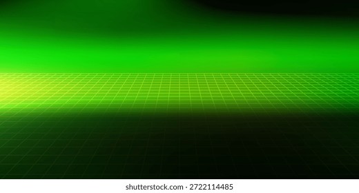 Green game retro grid floor stretching into dark space with scattered stars for cyberpunk and sci fi design. Neon perspective lines with starry sky. Digital technology background for gaming banner.