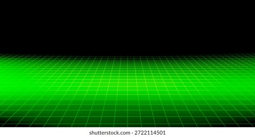 Verde juego retro suelo de rejilla que se extiende en el espacio oscuro con estrellas dispersas para cyberpunk y diseño de ciencia ficción. Líneas de perspectiva de neón con cielo estrellado. Fondo de tecnología digital para el Anuncio de juegos.