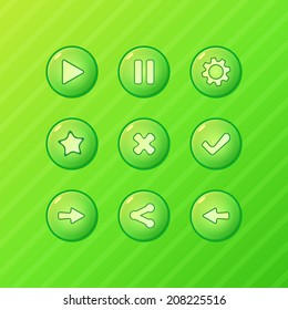 Green game UI - vector set of buttons for mobile game or app, yellow play, pause, menu, reload, options, sound elements for development