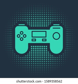 Green Gamepad icon isolated on blue background. Game controller. Abstract circle random dots. Vector Illustration
