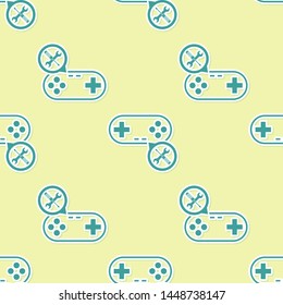 Green Gamepad with screwdriver and wrench icon isolated seamless pattern on yellow background. Adjusting, service, setting, maintenance, repair, fixing.  Vector Illustration