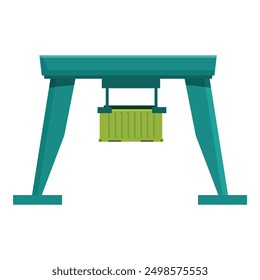 Green gantry crane lifting cargo container, freight transportation and logistics concept