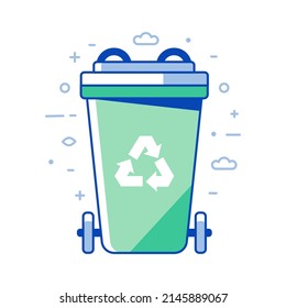 Green garbage bin icon with rubbish recycling symbol. Waste basket with wheels and lead. Trash recycle can for zero waste living. Eco friendly sustainable lifestyle design.