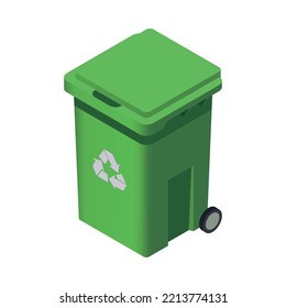 Green Garbage Bin Isometric Icon On White Background 3d Vector Illustration