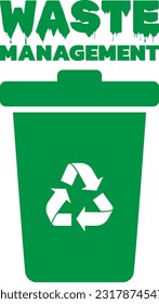 Papelera de basura verde con logotipo de reciclaje y texto de gestión de residuos. Composición vertical.