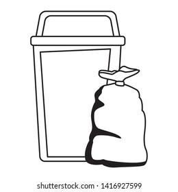 green garbage can and bag icon cartoon in black and white vector illustration graphic design