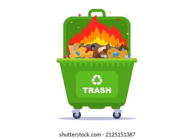 a green garbage container in which a fire burns. garbage disposal. flat vector illustration.