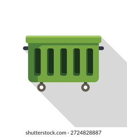 El basurero verde que se mueve para la colección de residuos, icono plano del estilo con la sombra larga