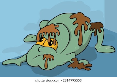 Monstruo de la basura verde con bambú en el cuerpo - Ilustración de dibujos animados de color con fondo, vector