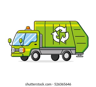 Green garbage recycling truck isolated.