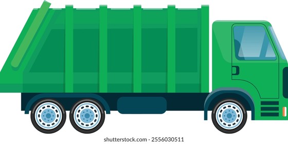 Green garbage truck collecting waste and transporting it to a landfill or recycling center, promoting environmental sustainability and urban cleanliness