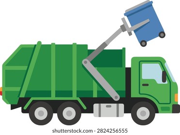 Green garbage truck emptying a blue recycling bin. Flat vector illustration of a green sanitation truck using mechanical arms to lift and empty a blue waste container. Ideal for city service posters or educational recycling materials.