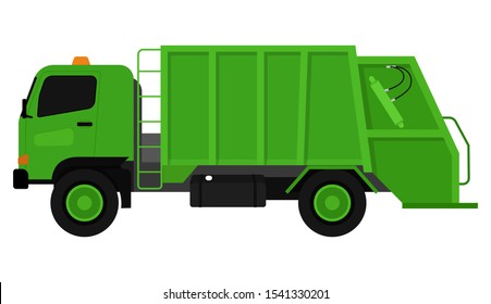 A Green Garbage Truck On A White Background.