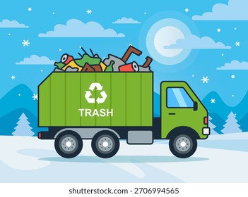 Camión de basura verde para el transporte de basura. Ilustración plana.