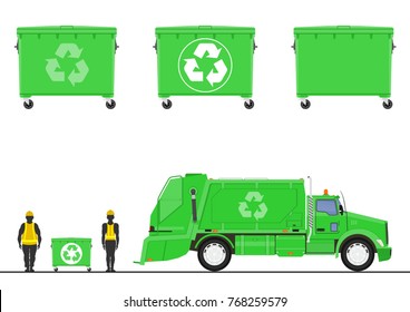 Green garbage truck, trash bins and two employees. Elements of infographics. Flat vector.