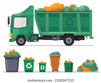 Camión de basura verde y varios tipos de papelera aislados en fondo blanco. camión de basura y basurero con basura. Ecología y reciclado Concepto Ilustración vectorial.