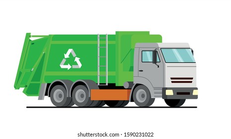 green garbage truck. Vector illustration.