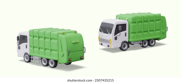 Green garbage truck, view from different sides. Special equipment