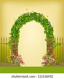 Green garden arch with a fence