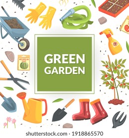 Green Garden Banner Template with Tools Seamless Pattern, Gardening, Farming and Agriculture Concept Cartoon Vector Illustration