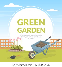 Green Garden Banner Template, Wheelbarrow with Soil on Summer Landscape, Gardening, Farming and Agriculture Concept Vector Illustration