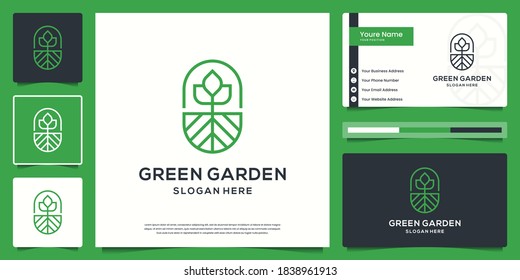 Green garden emblem logotype. combine plant and root logo design and business card.