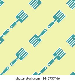 Green Garden fork icon isolated seamless pattern on yellow background. Pitchfork icon. Tool for horticulture, agriculture, farming.  Vector Illustration