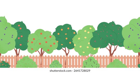 Green garden fruits tree, berries bushes and wooden fence. Decorative seamless pattern, border for farm market design, posters, vector banner