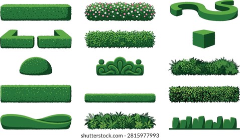 Green garden hedge and bush vector set featuring manicured shrubs topiary designs border plants and formal landscaping elements.