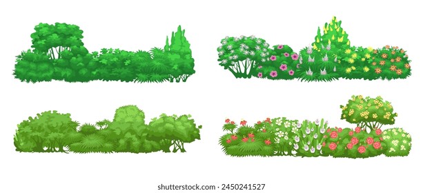 Green garden hedge. Cartoon bush borders. Blooming plant composition. Natural flowering shrubs. Shrubbery trees. Foliage leaves. Decorative botanical landscape elements