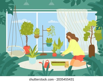 Green garden at home, vector illustration. Flat woman character care about house plant nature, cute gardening hobby at home. Flower in pot