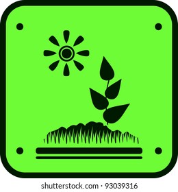 green garden icon with ground, sun and sprout silhouette