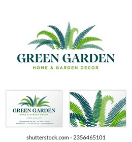 Green Garden icon.  Green letters and fern leaves.  Business card. Garden goods and home decor.