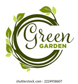 Green garden isolated icon. Plants vector spade and forks watering can leaves and branches emblems and logo growing and cultivation groundworks equipment foliage and sprouts.