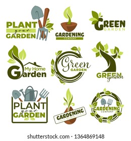 Green garden isolated icons home gardening tools and plants vector spade and forks watering can leaves and branches emblems and logo growing and cultivation groundworks equipment foliage and sprouts.