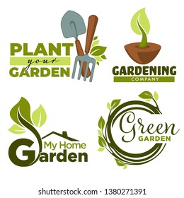 Green Garden Isolated Icons Home Gardening Tools And Plants Vector Groundwork Spade And Forks Leaves And Branches Emblems And Logo Growing And Cultivation Equipment Foliage And Sprouts In Soil