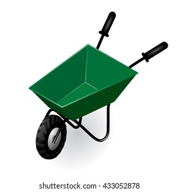 Green garden isometric wheelbarrow isolated on white. Housekeeping and gardening icon and concept design. Vector illustration