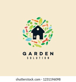 Green Garden leaves House and Park tools maintenance Solution logo design vector inspiration custom logo design