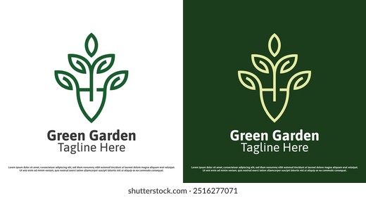 Ilustração do projeto do logotipo do jardim verde. Silhueta de pá terra verde folhas folhagem ambiente parque exterior. Símbolo de ícone minimalista linear mínimo abstrato geométrico.