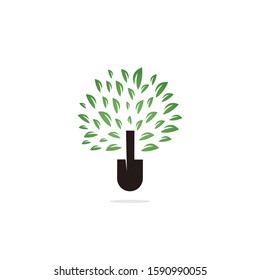 Green garden logo template vector illustration. Shovel tree icon logo template.	