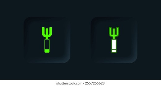 Green Garden pitchfork icon isolated on black background. Garden fork sign. Tool for horticulture, agriculture, farming. Black square button. Vector