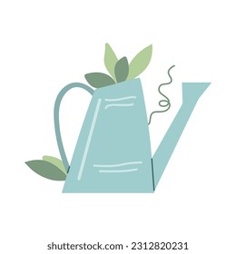 Green garden plants  inside the watering can. Vector flat illustration. Cute drawing.