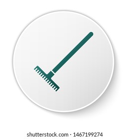Green Garden rake icon isolated on white background. Tool for horticulture, agriculture, farming. Ground cultivator. Housekeeping equipment. White circle button. Vector Illustration