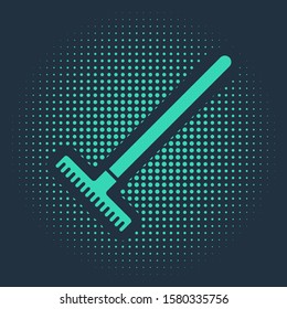 Green Garden rake icon isolated on blue background. Tool for horticulture, agriculture, farming. Ground cultivator. Housekeeping equipment. Abstract circle random dots. Vector Illustration
