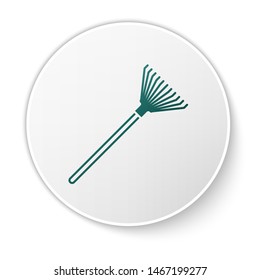 Green Garden rake for leaves icon isolated on white background. Tool for horticulture, agriculture, farming. Ground cultivator. White circle button. Vector Illustration