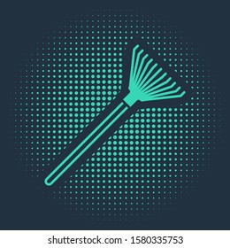 Green Garden rake for leaves icon isolated on blue background. Tool for horticulture, agriculture, farming. Ground cultivator. Abstract circle random dots. Vector Illustration