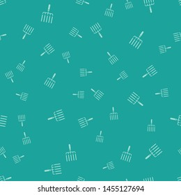 Green Garden rake in work icon isolated seamless pattern on green background. Tool for horticulture, agriculture, farming. Ground cultivator.  Vector Illustration